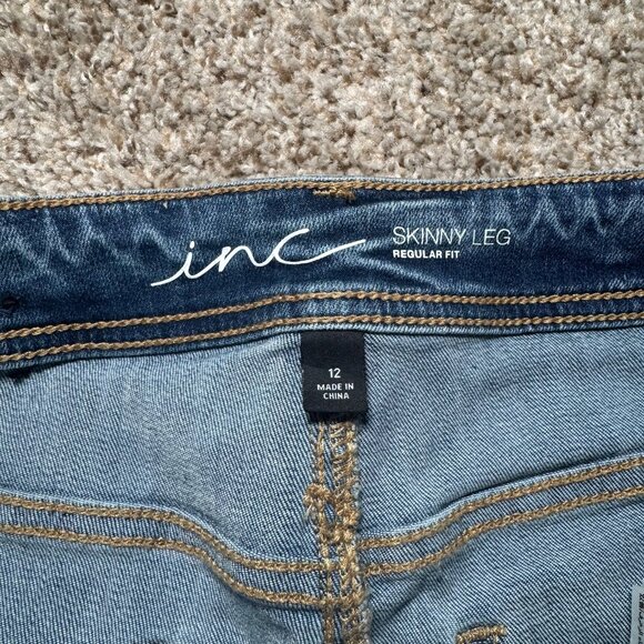 INC Skinny Leg Regular Fit Jeans Size 12 Plaid Patch Frayed Hem Holes Pockets - Picture 3 of 9